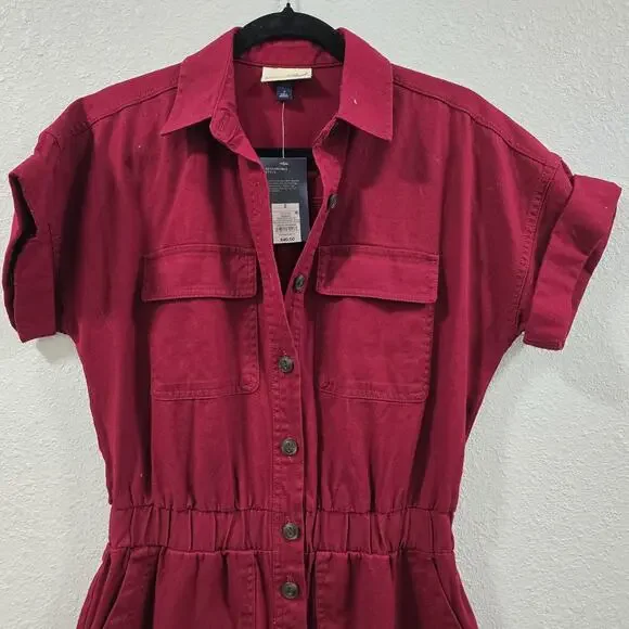 Universal thread Womens Short Sleeve Cotton Jumpsuit Boilersuit Burgundy Size 2 - Picture 3 of 8